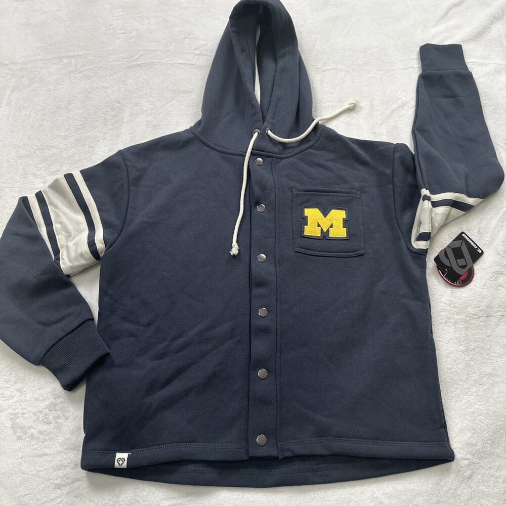 Colosseum Michigan Wolverines Jacket Womens SMALL Fleece Hooded‎ Snap Blue Gray